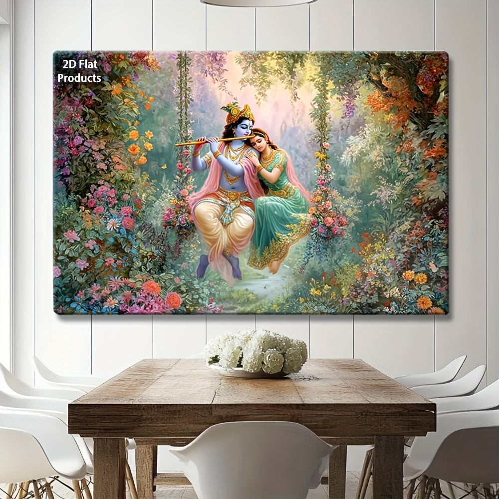 2D Flat Lord Krishna Playing Flute with Radha | Vibrant Floral Garden Canvas Painting | Modern Indian Art Framed Wall Decor for Living Room Bedroom or Office | Ready-to-Hang Wrapped Canvas Print | Hindu Cultural Decor
