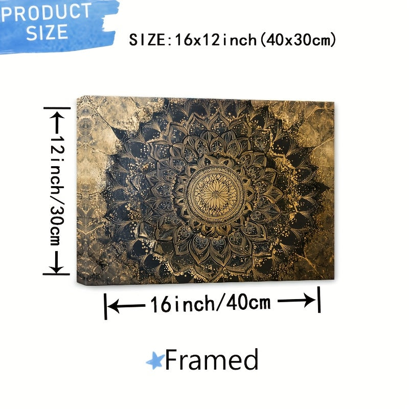 Golden Mandala Canvas Wall Art with Wooden Frame – Elegant Spiritual Floral Design for Living Room, Bedroom & Nursery Decor