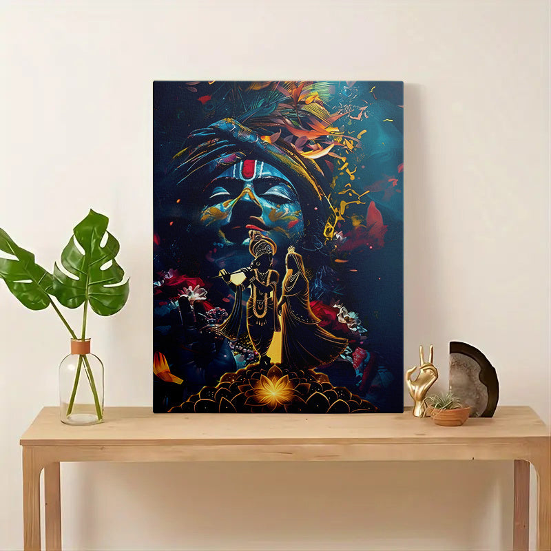 2D Flat 1pc Framed Canvas Painting Divine Harmony Lord Krishna and Radha in Lotus Blossom | Vibrant Hindu Deities Artwork | Recycled Wood Frame | Ready to Hang Spiritual Wall Decor for Living Room Temple or Sacred Spaces