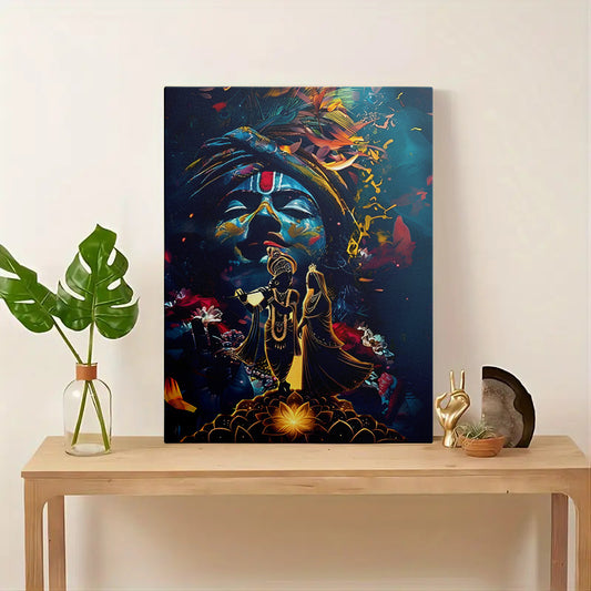 2D Flat 1pc Framed Canvas Painting Divine Harmony Lord Krishna and Radha in Lotus Blossom | Vibrant Hindu Deities Artwork | Recycled Wood Frame | Ready to Hang Spiritual Wall Decor for Living Room Temple or Sacred Spaces