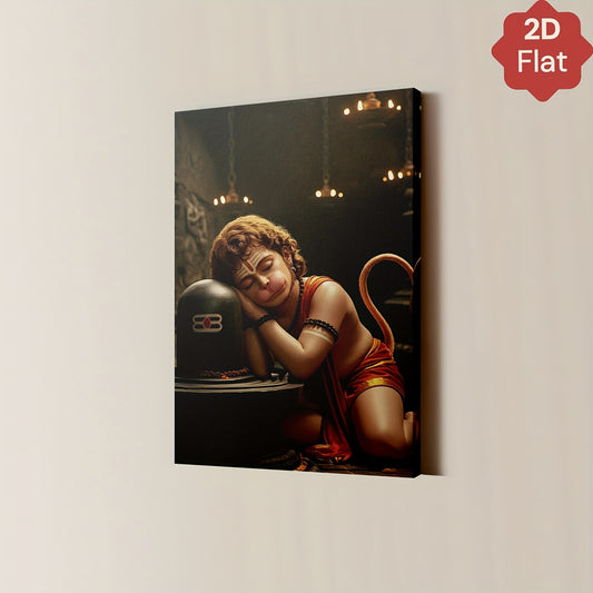 1pc 2D Flat Framed Young Hanuman Sleeping on Shiva Lingam Canvas Spiritual Wall Art for Living Room Bedroom Temple Office Meditation Room