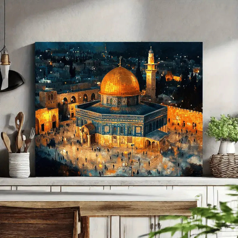 1pc 2D Flat Large Framed Islamic Wall Art | Dome of Al Aqsa Mosque Jerusalem with Golden Starry Sky | Elegant Aerial Night View Canvas for Muslim Homes Offices and Cultural Spaces | Premium Natural Wood Frame | 2D Flat