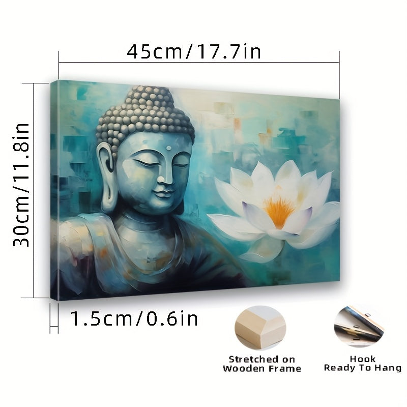 2D Flat Framed Zen Buddha in Lotus Canvas Wall Art | Serene Blue Halo Buddha with White Lotus | Wooden Frame Horizontal Spiritual Decor for Meditation Rooms Yoga Spaces Living Room and Bedroom
