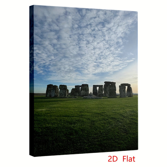 2D Flat 1pc Wrapped Canvas Stonehenge Wall Art | Ancient Monument Under Blue Sky and Clouds | Timeless Landscape Decor for Living Room Bedroom Office or Gallery