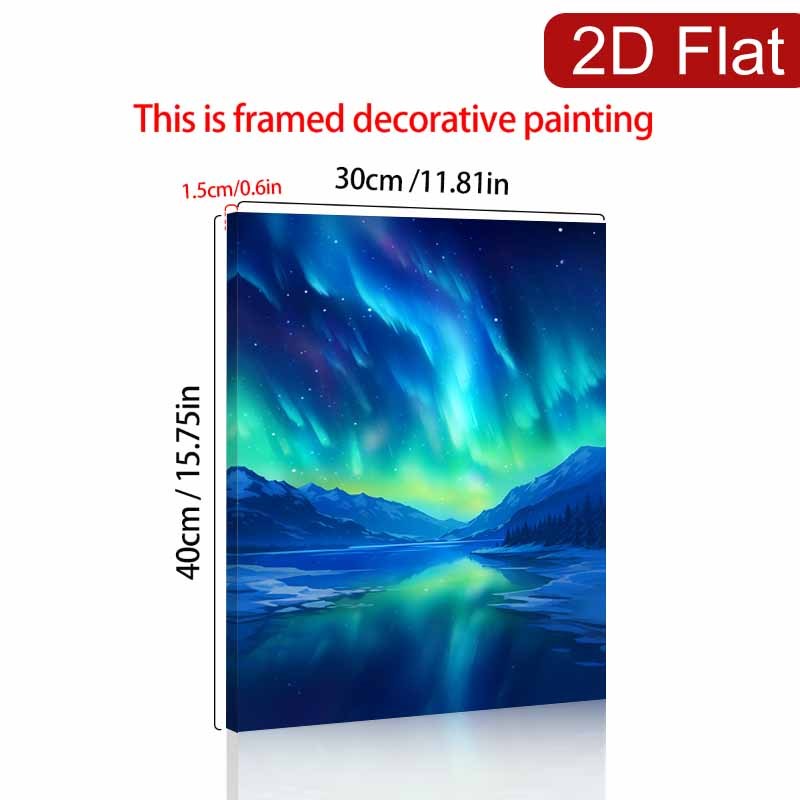 2D Flat 1pc Northern Lights Aurora Borealis Framed Canvas Wall Art | Green and Blue Aurora Over Snowy Mountains | Vertical Landscape Decor