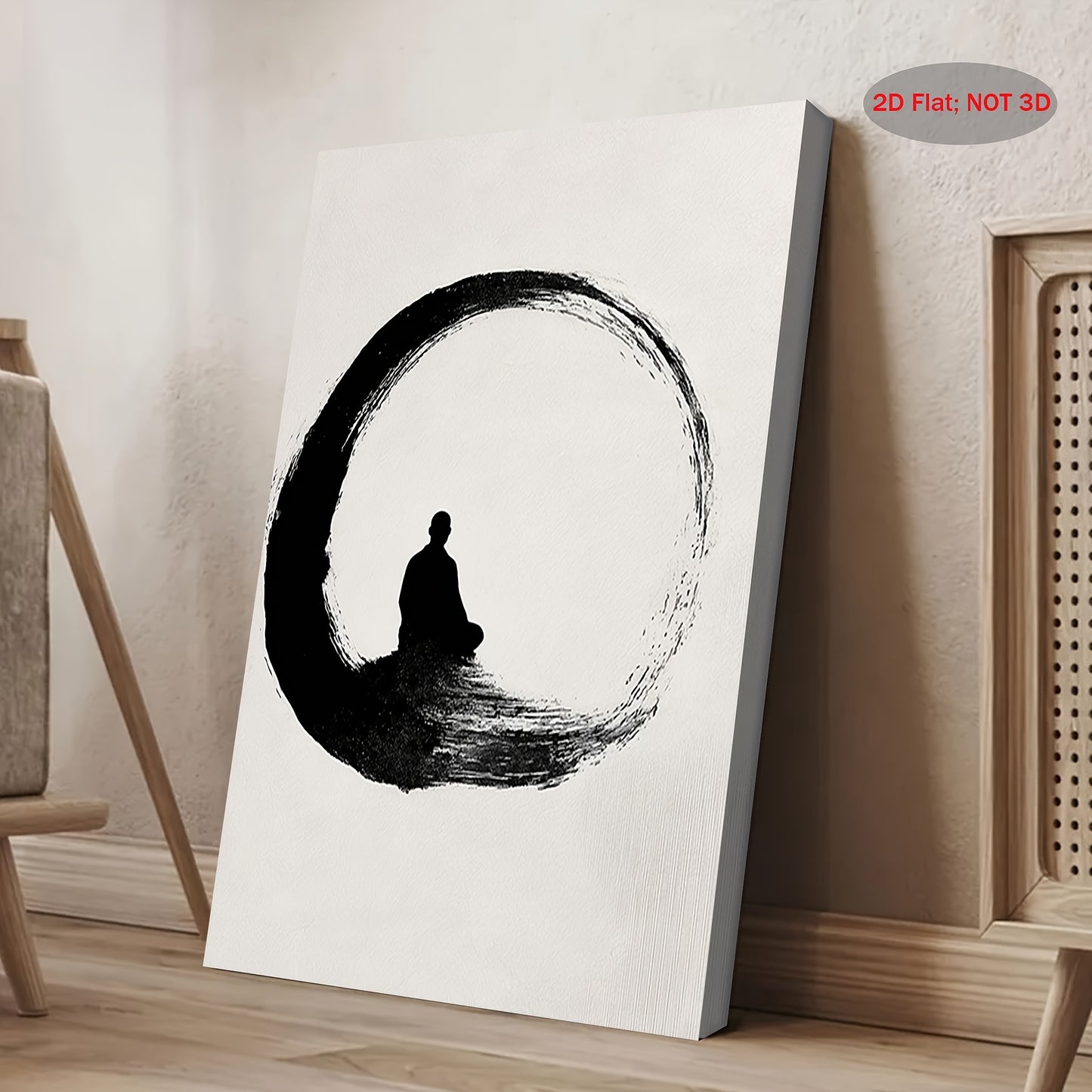 2D Flat 1pc Wooden Frame Canvas Painting Zen Enso Circle Wall Art Minimalist Meditating Monk Print Black White Japanese Style Spiritual Vertical Wall Decor Holiday Gift Beautiful Family Gift Suitable for Bedroom Living Room
