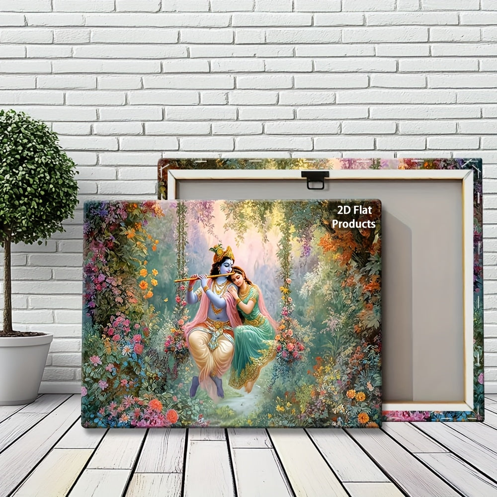 2D Flat Lord Krishna Playing Flute with Radha | Vibrant Floral Garden Canvas Painting | Modern Indian Art Framed Wall Decor for Living Room Bedroom or Office | Ready-to-Hang Wrapped Canvas Print | Hindu Cultural Decor