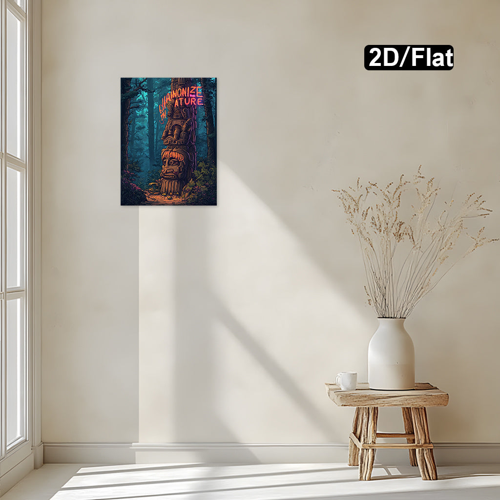 2D Flat Mysterious Totem Pole Forest Canvas Wall Art | Enchanted Woodland Painting with Neon “Harmonize with Nature” Quote | Wooden Framed Modern Nature Decor