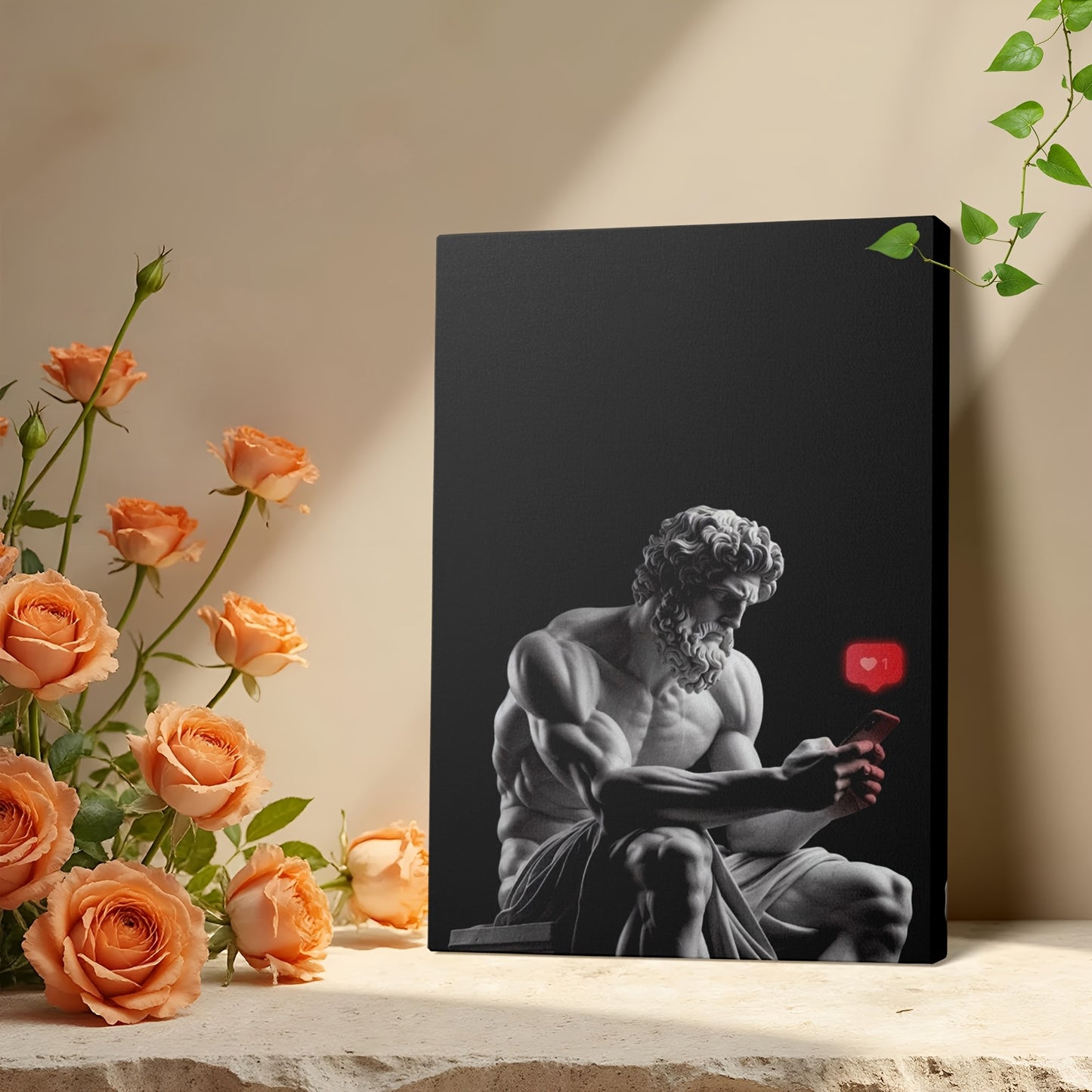2D Flat Framed Zeus Canvas Artwork | Statue of Zeus with Phone | Mythology Wall Art for Living Room Bedroom Office Study or Gallery