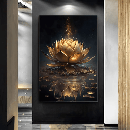 2D Flat 1pc Wooden Frame Modern Abstract Golden Lotus Rose Night Bloom Canvas Art Wall Decor for Living Room Bedroom Office