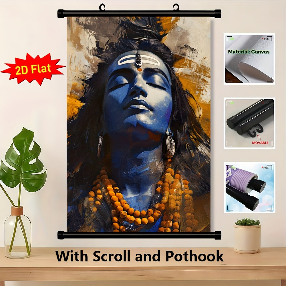 2D Flat 1pc Lord Shiva Hindu Deity Framed Canvas Wall Art | Indian Religious Artwork with Auspicious Red and White Ganga Jamuni Tikona | Ready to Hang Scroll Poster for Home Temple Office or Spiritual Gift | Compatible with Indian Scroll Rods