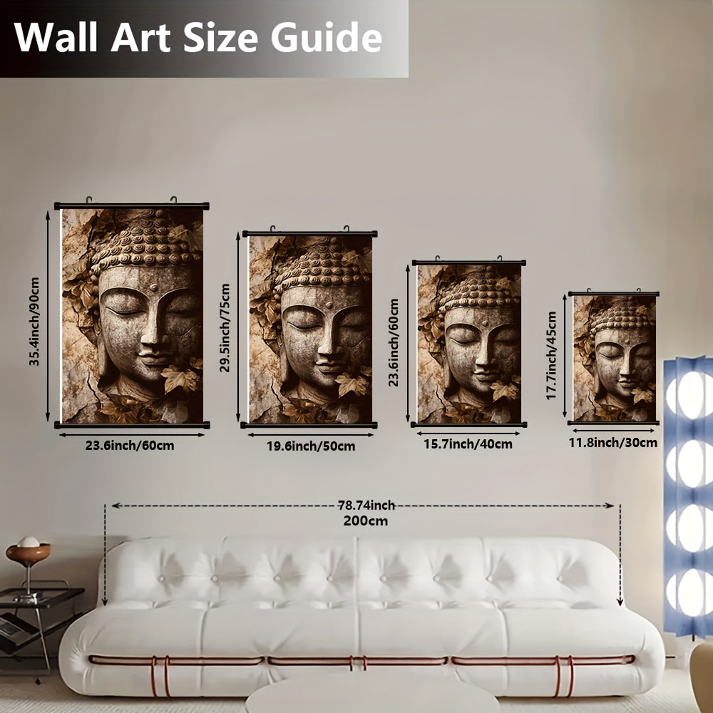 2D Flat 1pc Buddha Face Hanging Scroll Canvas Painting | French Art Deco Contemporary Zen Wall Art in Beige and Brown | Frameless Scroll for Meditation Spaces Living Room Bedroom or Office | Durable Spiritual Decor