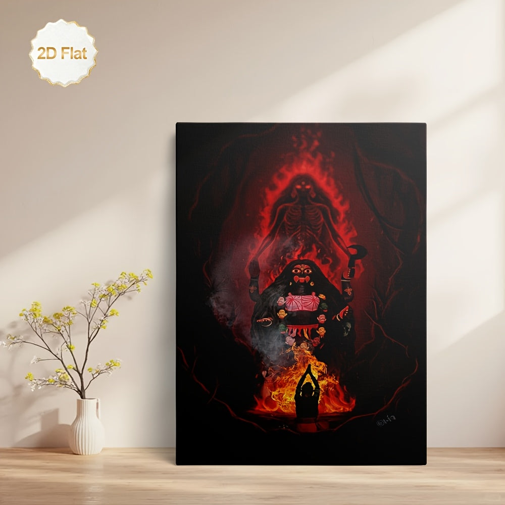 1pc 2D Flat Framed Canvas Painting Hindu Goddess Kali Skeleton and Flames Spiritual Wall Art for Living Room Bedroom Study Meditation Room Office