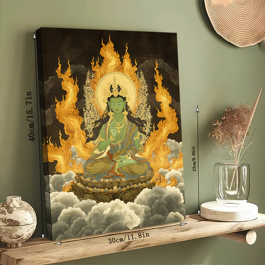 1pc 2D Wooden Frame Canvas Painting Tibetan Thangka Green Tara with Yellow and Orange Spiritual Wall Art for Bedroom Living Room Bathroom and Kitchen 11.8x15.7 Inch