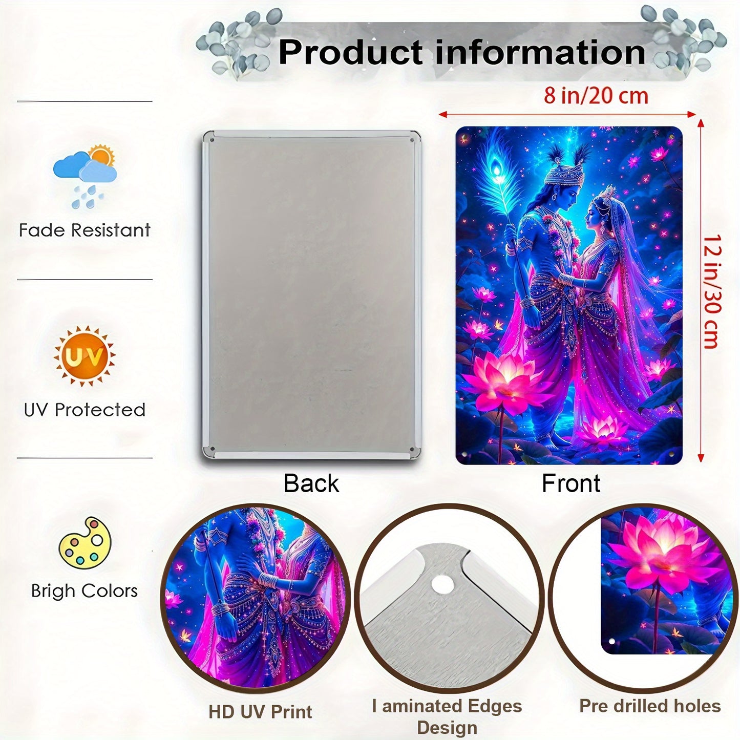 2D Flat 1pc Radha Krishna Divine Radiance Metal Wall Art 12x8" Blue and Pink Deities Starry Night and Lotus Flower Design Spiritual Decor for Meditation Room Living Room Religious Gift