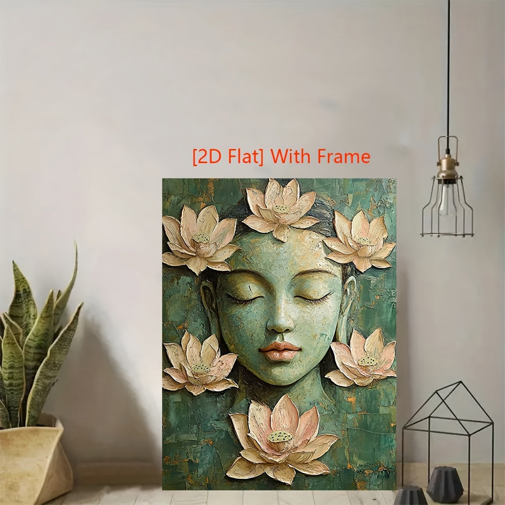 1pc 2D Flat 12.0x16.0inch Serene Buddha Canvas Painting with Wood Frame Green Beige Lotus Meditation Art Boho Spiritual Wall Decor for Home Office Yoga Studio Regenerated Wood Ready to Hang Perfect for Room Decor Yoga Studio Art
