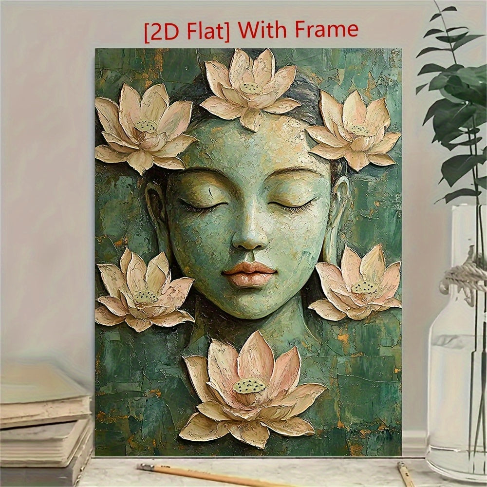 1pc 2D Flat 12.0x16.0inch Serene Buddha Canvas Painting with Wood Frame Green Beige Lotus Meditation Art Boho Spiritual Wall Decor for Home Office Yoga Studio Regenerated Wood Ready to Hang Perfect for Room Decor Yoga Studio Art