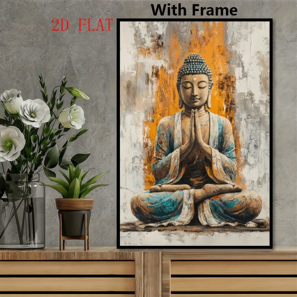 2D Flat Art Deco Style Framed Canvas Print | Buddha Meditation Wall Art | 2D Flat Design with Polyvinyl Chloride Frame | Peaceful Wall Decor for Home Bedroom Living Room Office Cafe Bar Dormitory Bathroom Event Venue and Public Spaces