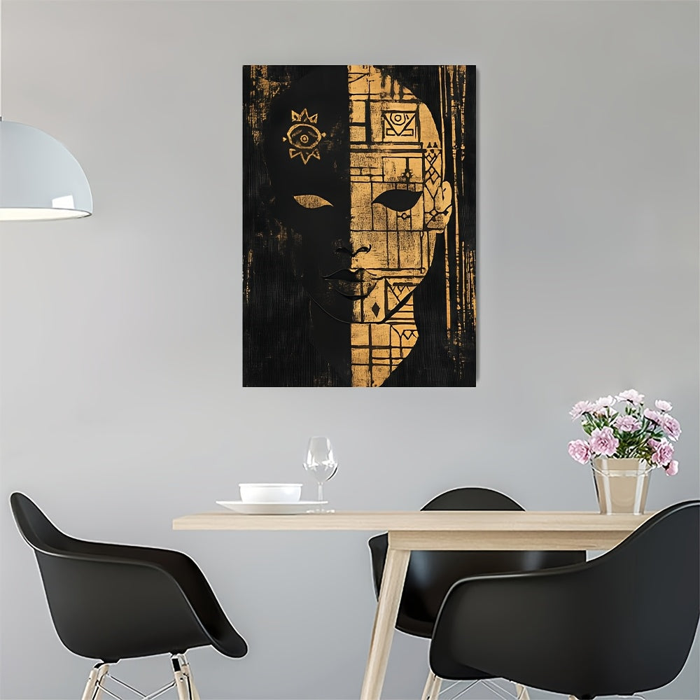 2D Flat Minimalist Framed Canvas Print – 11.8x15.7 Inch Stylized Tribal Portrait with Abstract Adinkra Symbols – Modern Wall Art for Living Room, Bedroom, or Office