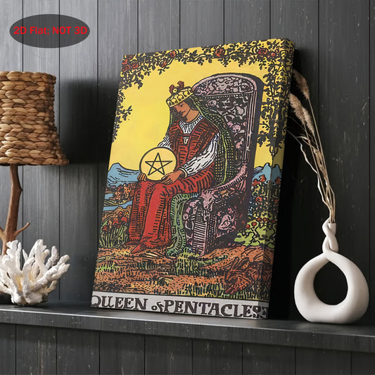 2D Flat 1pc Queen of Pentacles Tarot Card Canvas Painting – Vintage Mystic Wall Art with Wooden Frame – 11.8x15.7 Inch Earthy Green and Purple Tones