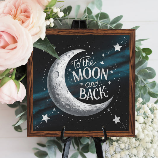 1pc 2D Flat Wooden Frame Sign | To The Moon and Back Celestial Wall Art with Crescent Moon and Stars | Vintage 8x8 Inch Canvas for Christmas Home Décor, Living Room or Desktop | Inspirational Holiday Gift | 2D Flat