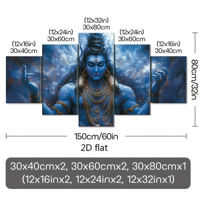 2D Flat 5pcs Frameless Canvas Hindu Shiva Portrait Statue Religious Theme Wall Art Spiritual Home Decor for Living Room Bedroom Office Dining Area Bar