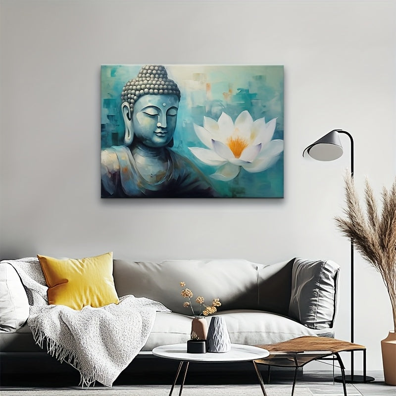 2D Flat Framed Zen Buddha in Lotus Canvas Wall Art | Serene Blue Halo Buddha with White Lotus | Wooden Frame Horizontal Spiritual Decor for Meditation Rooms Yoga Spaces Living Room and Bedroom