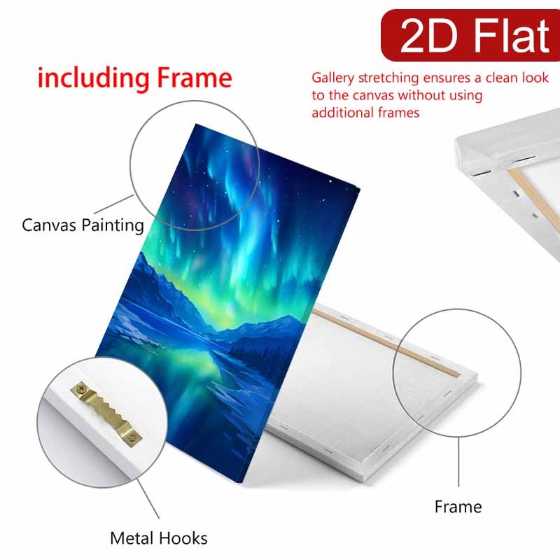 2D Flat 1pc Northern Lights Aurora Borealis Framed Canvas Wall Art | Green and Blue Aurora Over Snowy Mountains | Vertical Landscape Decor