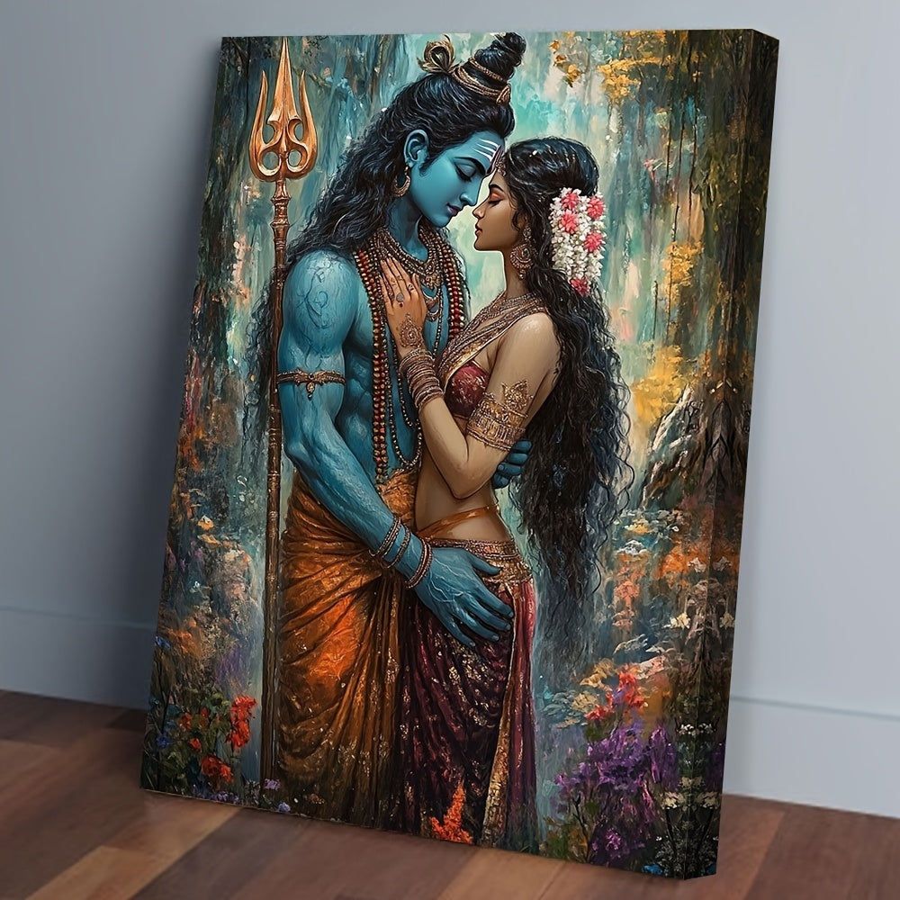 1pc Lord Shiva and Goddess Parvati Hindu Wall Art | Large 11.8x15.7 Inches 29.97x39.88cm Canvas Painting with Wooden Frame | Traditional Indian Gods Decor for Home Office Meditation Room | Spiritual Gift for Diwali or Wedding