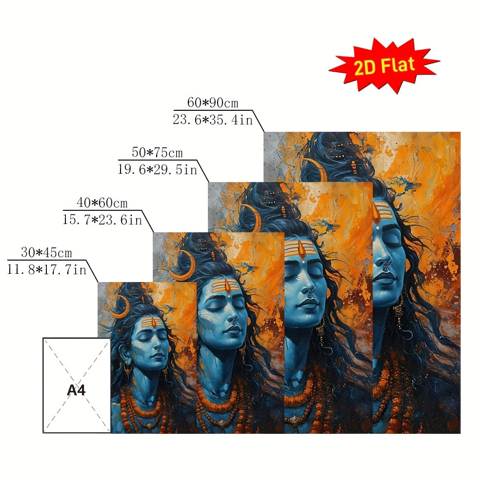 2D Flat Lord Shiva Hindu Deity Framed Canvas Wall Art | Blue and Golden Sacred Spiritual Decor for Home Temple Office or Dorm | Ready to Hang Scroll Poster Print Compatible with Indian Sutra Rods