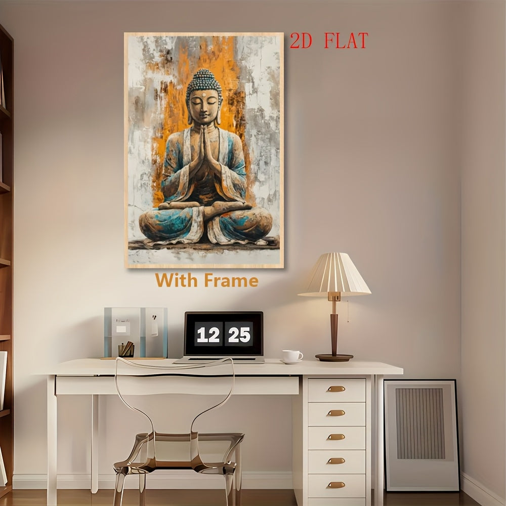 2D Flat 1pc Art Deco Style Framed Canvas Print | Buddha Meditation Wall Art | 2D Flat Design with Polyvinyl Chloride Frame | Wall Decor for Home Bedroom Living Room Office Cafe Bar Dormitory Bathroom and Event Spaces