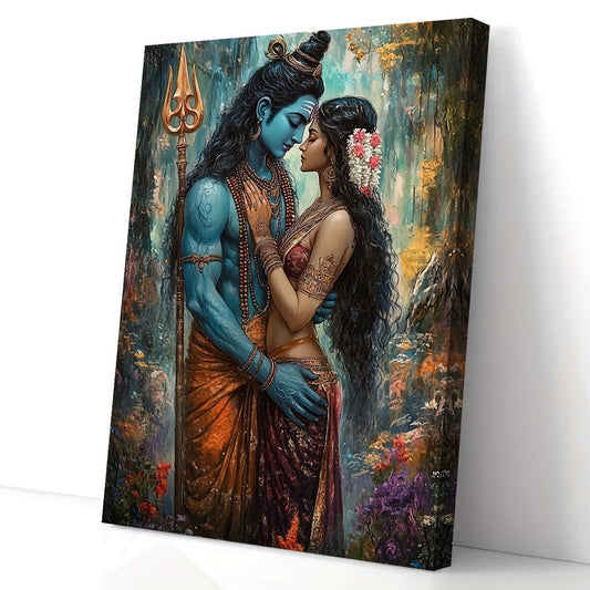 Lord Shiva & Goddess Parvati Canvas Wall Art (11.8 x 15.7 in) – Framed Hindu Divine Couple Painting for Home, Office & Meditation Space | Spiritual Diwali & Wedding Gift