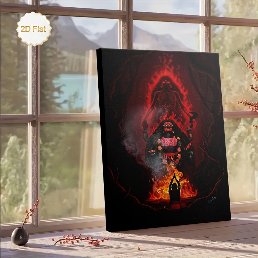 1pc 2D Flat Framed Canvas Painting Hindu Goddess Kali Skeleton and Flames Spiritual Wall Art for Living Room Bedroom Study Meditation Room Office