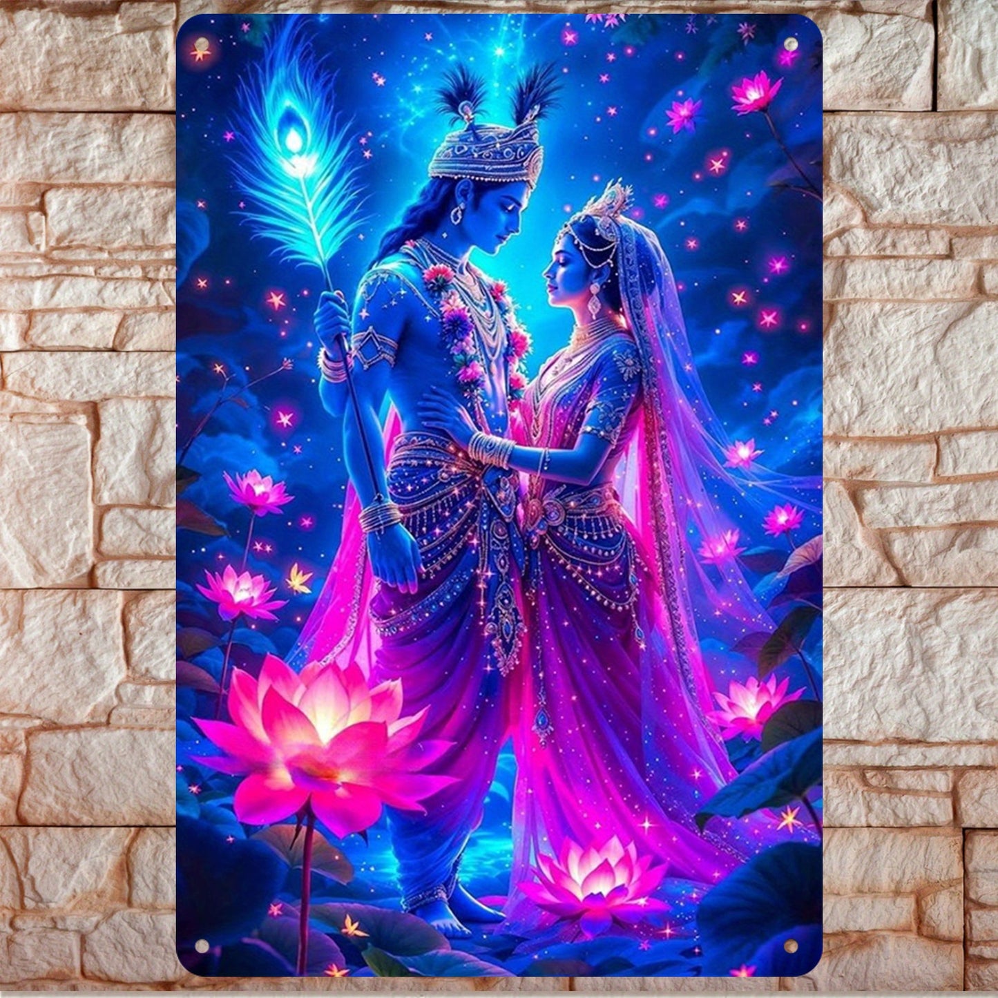 2D Flat 1pc Radha Krishna Divine Radiance Metal Wall Art 12x8" Blue and Pink Deities Starry Night and Lotus Flower Design Spiritual Decor for Meditation Room Living Room Religious Gift