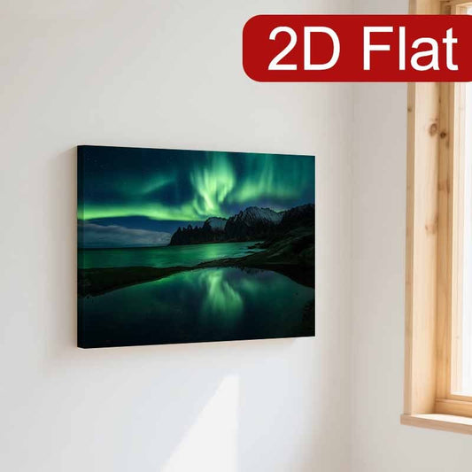 2D Flat 1pc Northern Lights Aurora Borealis Wall Art | Green Vertical Landscape Framed Canvas | Winter Mountain Lake Scene Decor for Bedroom Living Room Office or Cafe