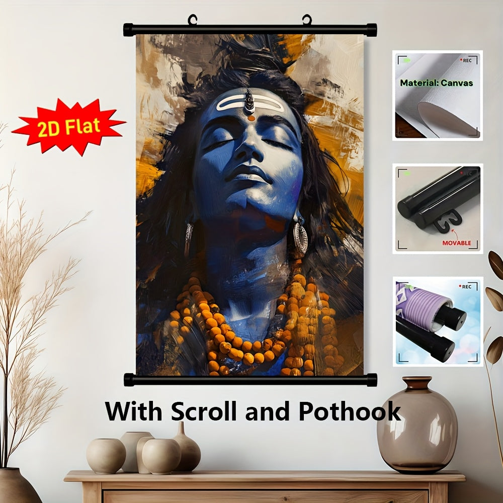 2D Flat 1pc Lord Shiva Hindu Deity Framed Canvas Wall Art | Indian Religious Artwork with Auspicious Red and White Ganga Jamuni Tikona | Ready to Hang Scroll Poster for Home Temple Office or Spiritual Gift | Compatible with Indian Scroll Rods