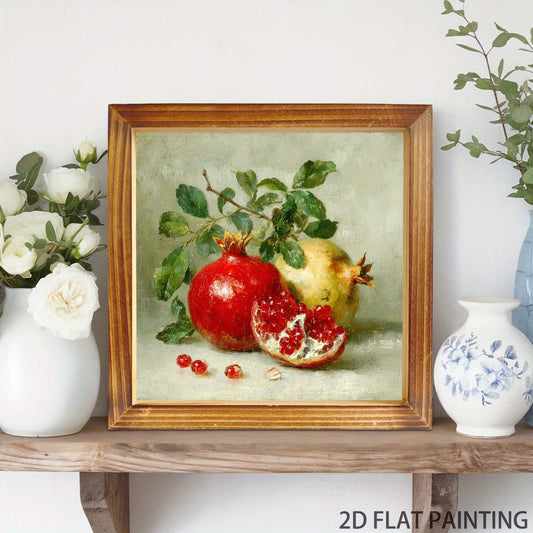 2D Flat 1pc Vintage Pomegranate Still Life Wall Art Painting Elegant Wooden Frame 8x8 Inch 20x20cm Fruit Decor for Kitchen Dining Room