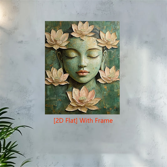 1pc 2D Flat 12.0x16.0inch Serene Buddha Canvas Painting with Wood Frame Green Beige Lotus Meditation Art Boho Spiritual Wall Decor for Home Office Yoga Studio Regenerated Wood Ready to Hang Perfect for Room Decor Yoga Studio Art