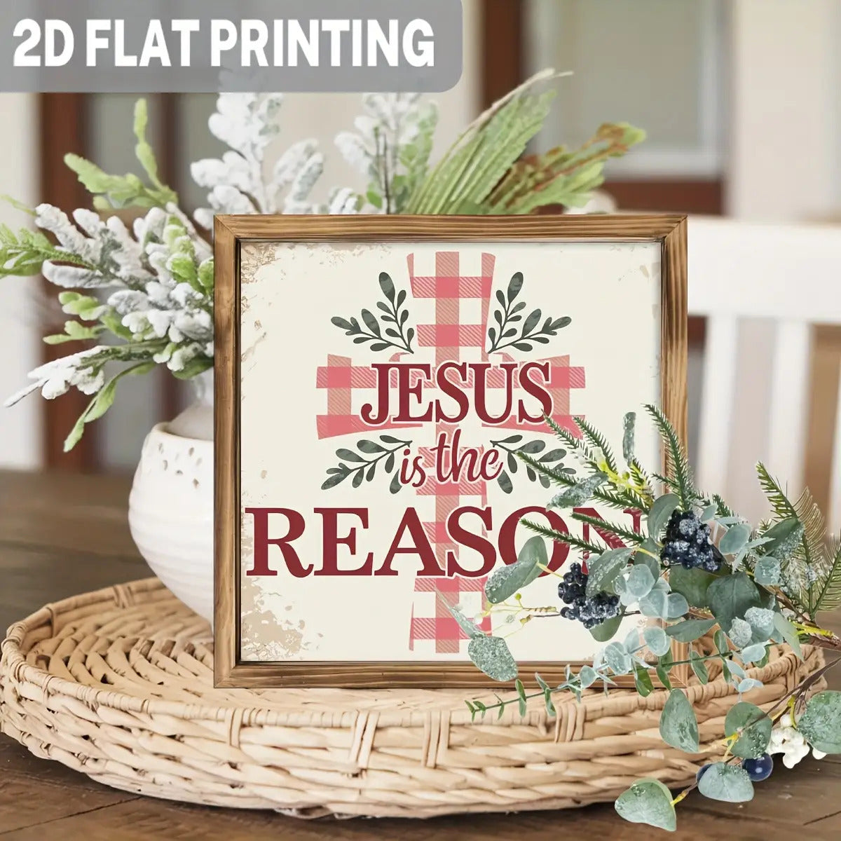 1pc 2D Flat Jesus Is the Reason Wooden Sign | Wooden Cross Scripture Wall Décor with Verse | Framed Farmhouse Design with Vertical Plaid and Greenery | Christian Home, Church, or Christmas Gift | 2D Flat