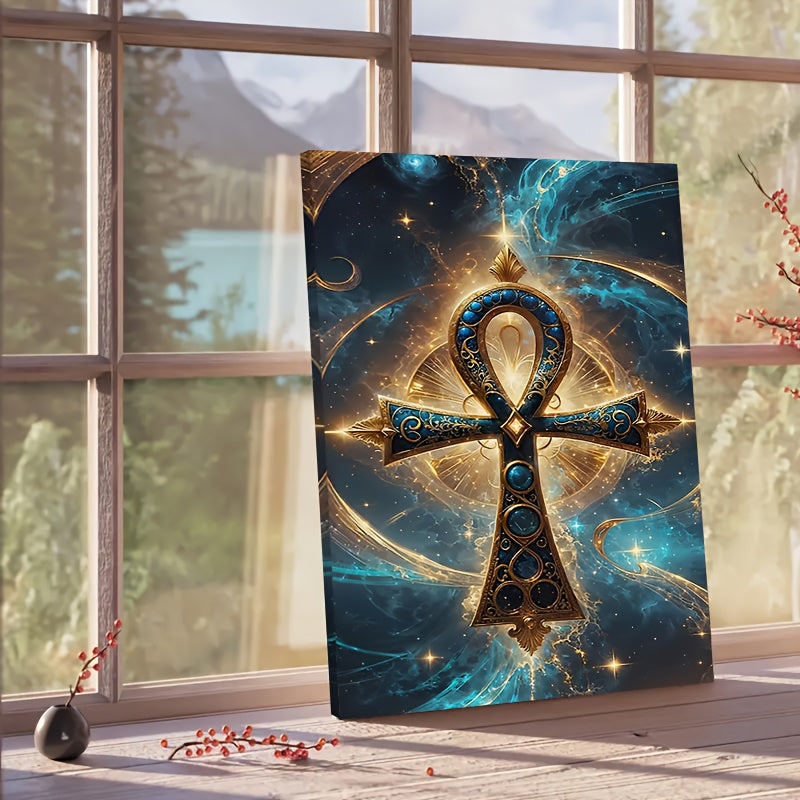 1pc Egyptian Cross Ankh Abstract Canvas Wall Art | Deep Blue and Gold Ancient Egyptian Symbol Print | 2D Flat Cultural Decor for Living Room Bedroom or Home Office