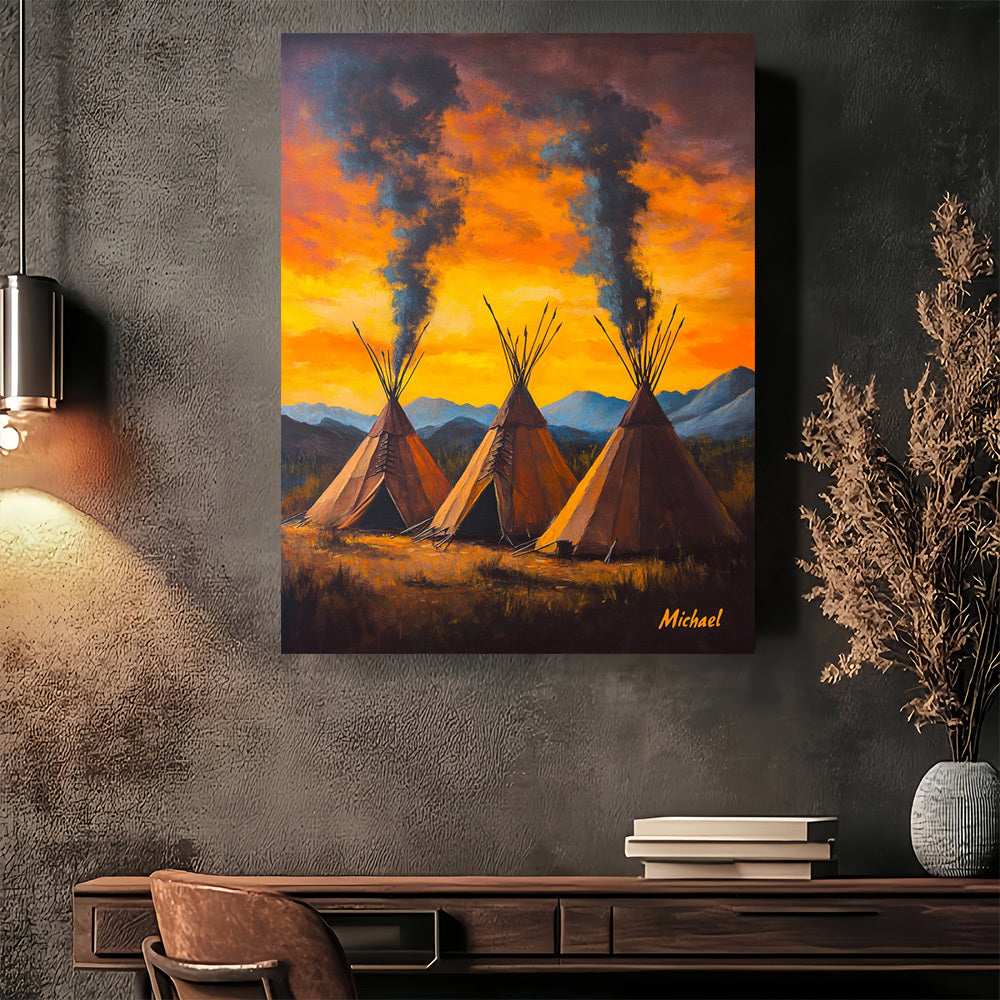 2D Flat, 1pc Native Teepee Sunset Wall Art - Wood Framed Canvas Painting with Turquoise Sky, Teepees & Mountains, Southwest Bohemian Decor for Home, Office, Cabin - Indian Tipi Landscape Print, 2D Flat