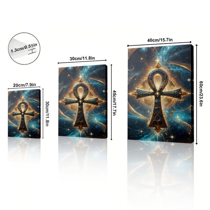 1pc Egyptian Cross Ankh Abstract Canvas Wall Art | Deep Blue and Gold Ancient Egyptian Symbol Print | 2D Flat Cultural Decor for Living Room Bedroom or Home Office