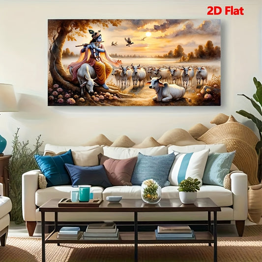 2D Flat Canvas Art Featuring Lord Krishna with Flute | Watercolor Style Decorative Painting | Unframed Wall Art for Home Decor, Birthday or Holiday Gifts, New Year Celebrations
