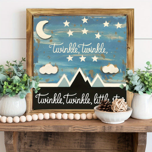 1pc 2D Flat Rustic Farmhouse Wood Framed Wall Art | Crescent Moon and Stars Night Sky in Blue and Golden Tones | Irregular Frame 2D Flat Panel for Bedroom Living Room Kitchen or Bathroom | Celestial Theme Home Décor