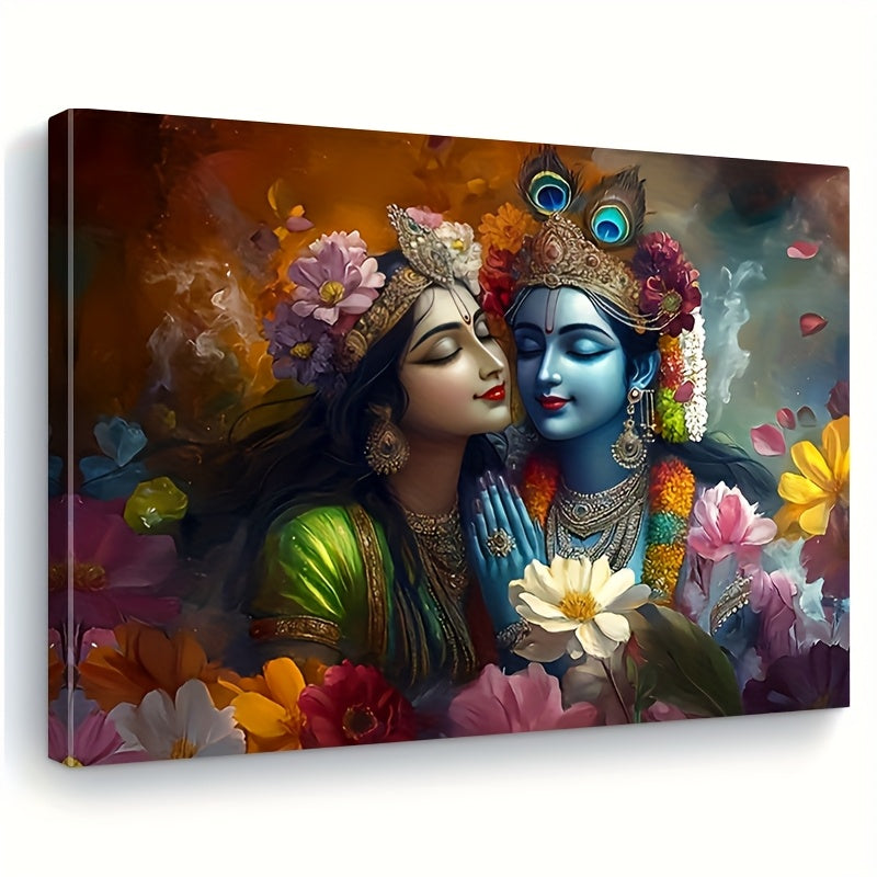 2D Flat Framed Radha and Krishna Sacred Love Canvas Art | Elegant Hindu Spiritual Wall Decor for Bedroom Living Room Office or Cafe