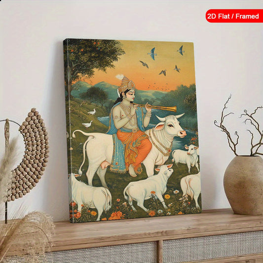 2D Flat 1pc Framed Indian Mythical Wall Art Krishna Playing Flute with Sacred Cows Pastel Sunrise Sunset Colors Ready to Hang Canvas Spiritual Decor for Living Room Bedroom Office Hindu Classical South Asian Art