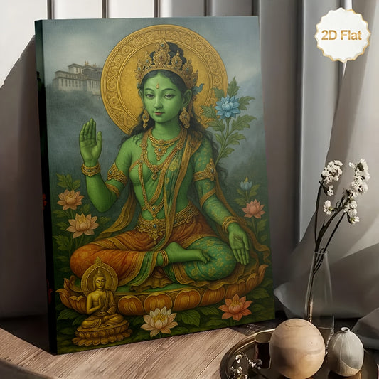 1pc Framed 2D Flat Canvas Painting Green Tara Buddha with Golden Halo and Lotus Spiritual Wall Art for Living Room Bedroom Meditation Room Office Yoga Studio and Temple