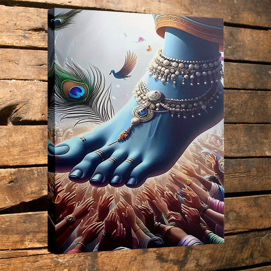 1pc Framed 2D Flat Canvas Painting Krishna Foot Peacock Feather Spiritual Art for Living Room Bedroom Office Yoga Studio Meditation Space Prayer Room Decor