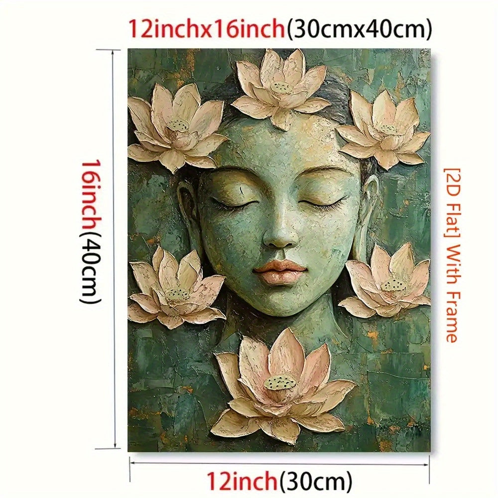 1pc 2D Flat 12.0x16.0inch Serene Buddha Canvas Painting with Wood Frame Green Beige Lotus Meditation Art Boho Spiritual Wall Decor for Home Office Yoga Studio Regenerated Wood Ready to Hang Perfect for Room Decor Yoga Studio Art