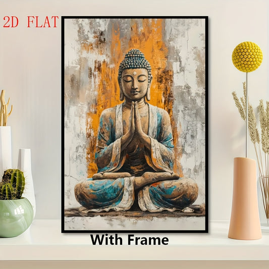 2D Flat Art Deco Style Framed Canvas Print | Buddha Meditation Wall Art | 2D Flat Design with Polyvinyl Chloride Frame | Peaceful Wall Decor for Home Bedroom Living Room Office Cafe Bar Dormitory Bathroom Event Venue and Public Spaces